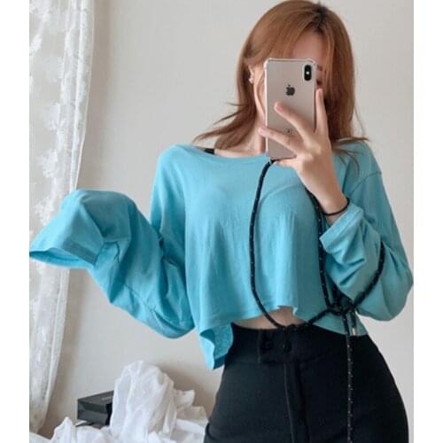 TVVOVVIN Summer Top Short Girls' Basic Long Sleeve Looks Thin Loose Casual And Simple Solid Color Pullover T-shirt Korea Q8Z7
