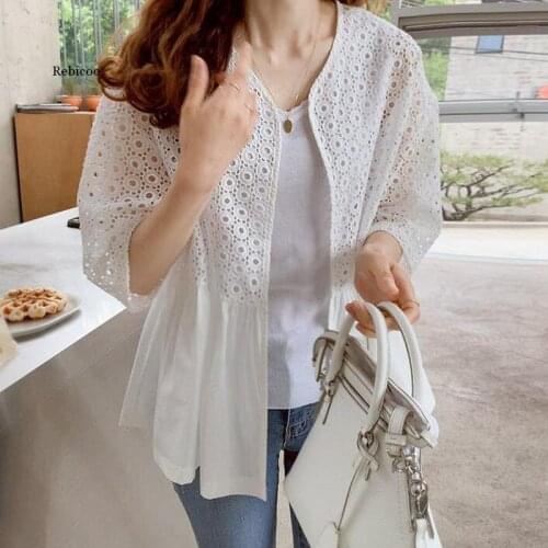 Cotton Embroidered Summer Sweet Hollow Stitching Thin Half Sleeve Sunscreen Jacket 2021 Women Solid Color Coat Casual Outerwear