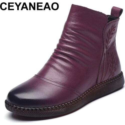 CEYANEAO Vintage Genuine Leather Winter Boots for Women Flat Low Heel Embroidery Round Toe Zip Autumn Leather Ankle Boots Women