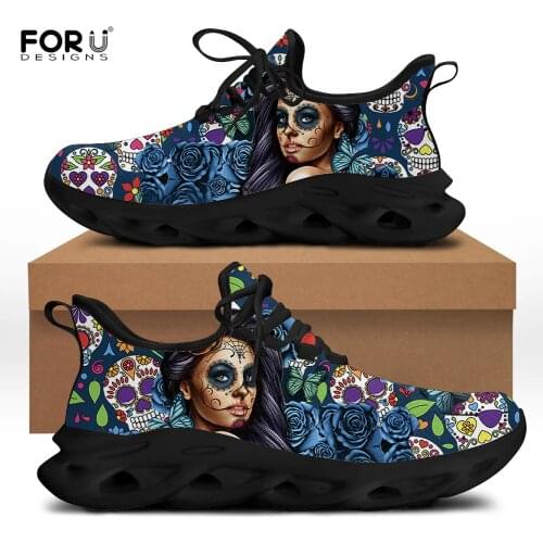 FORUDESIGNS Women Blue Shoes Gothic Style Girls with Sugar Skull Pattern Women Casual Flats Shoes Ladies Lace Up Light Sneakers