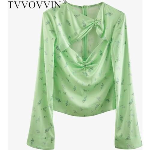 Famous 2020 New Sexy Chest Hollow Twisted Pleated Floral Print Green Flared Sleeve Top Pullover Womens Casual B723