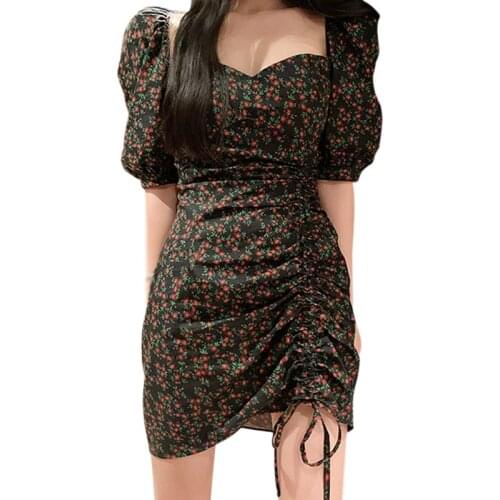 Women Dresses Summer Floral Print Dress Chic Women Dress Black Dress Vintage Korean Style Puff Sleeve Dress M-2XL