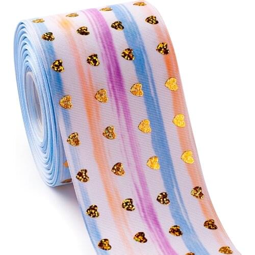 3"75mm 10yards gold laser foil love heart printed colorful stripe grosgrain ribbon