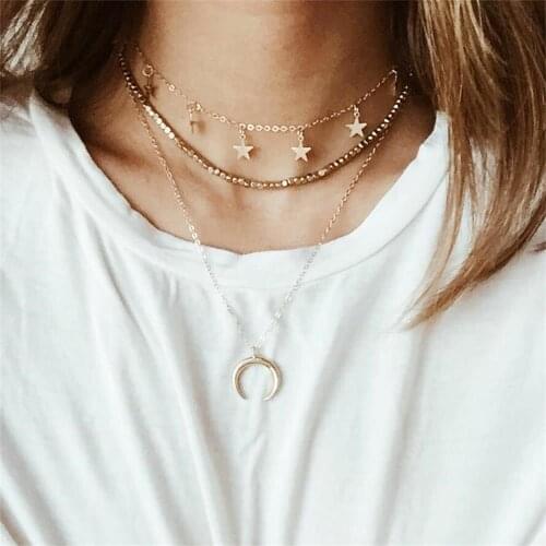 3 Pcs/Set Bohemian Female Necklaces Star Beads Moon Clavicle Chain Pendant Gold Necklace Set Fashion Women Party Wear Jewelry