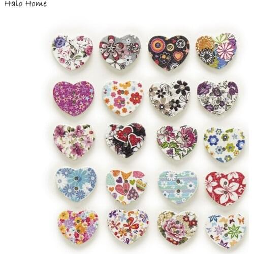 50pcs 2 Hole Heart Flowers Wood Buttons Decor Home Clothing Sewing Scrapbooking 17mm