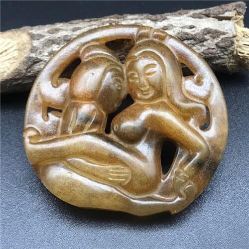 Antique jade pendant with hollowed out brand jade carving nude Pendant statue