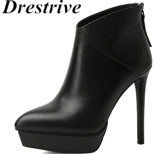Drestrive Womens Ankle Boots Genuine Leather High Heels 13 cm Pointed Toe Zipper Platform Thin Heel 2020 Winter Shoes Black
