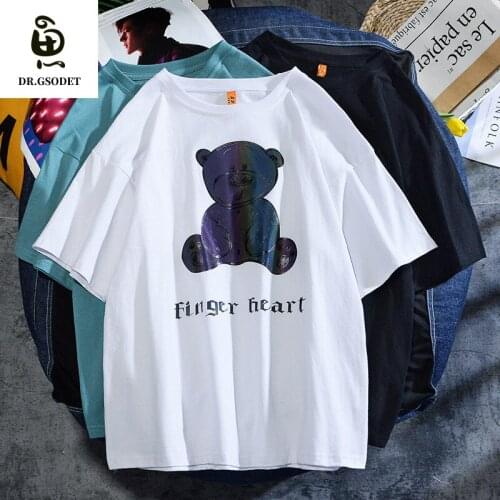 GSODET Summer T-Shirt Couple Cotton Bear Reflective Oversize Half-Sleeved Mens and Womens O-Neck Cartoon Anime Tops