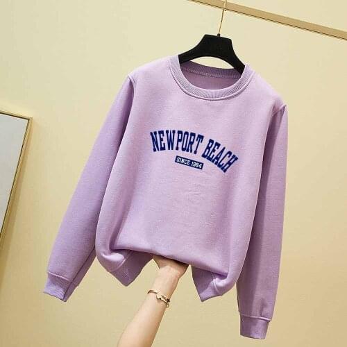 Cotton Pullover Letter Print Sweatshirt Newport Beach Graphic Sweatshirt Round Neck Plus Size Hoodie Purple Long Sleeve Top