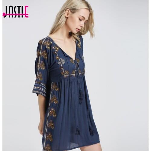 Jastie Starlight Mini Dress Boho Floral Embroidered Women Dresses Cutout Neckline with Tie Sexy Dress Summer Vestidos 5808