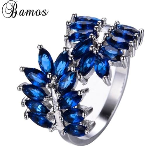 Bamos New Unique Double Leaf Design Geometric Mystic Multicolor AAA Zircon Birthstone Rings For Women White Gold Filled Jewelry