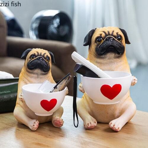 Simulation Pug Dog Resin Figurines Tabletop Storage Ornaments Desk Decor Animal Statue Storage Basket Home Decoration Modern