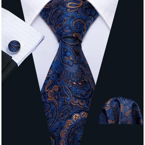 Men Silk Ties Blue Floral Tie Set Handkerchief Cufflinks Paisley Neck Tie Designer wedding Tie Gift for Men Barry.Wang FA-5155