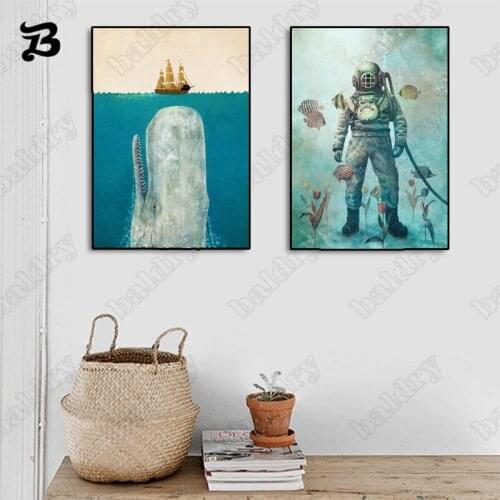 Blue Sea Wall Art Canvas Painting Nordic Vintage Posters and Prints Wall Art Canvas Poster Decorative Pictures for Living Room