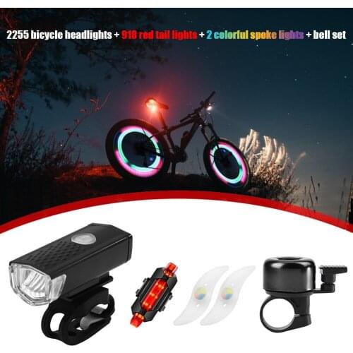 Bicycle Front Rear Lights Mountain Bike XPE LED Spoke Headlight + Bell USB Rechargeable Waterproof Safety Warning Taillight