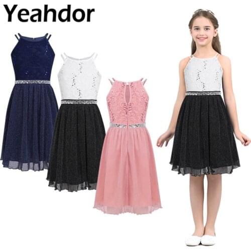 Teens Girls Tulle Sleeveless Sequined Floral Lace Shiny Dress for Wedding Birthday Party Flower Girl Dresses Summer Girls Dress