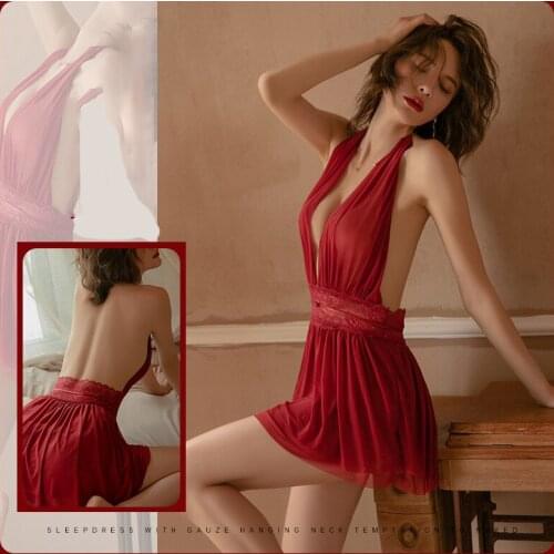 Deep V Sexy Night Dress Lace Mesh Backless See-Through Temptation Halter Nightdress Homewear Black Red Dress for Home