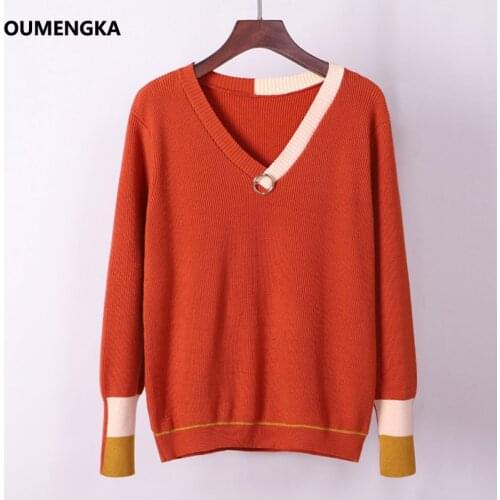 OUMENGKA Loose Elastic Sweater Contrast Color Knitted Pullover 2019 Long Sleeve V-Neck Knitwear Fashion Woman Jumper 5 Color
