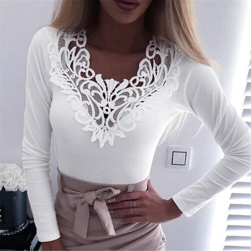 2020 Fashion Women Sexy Hollow Out Patchwork Lace Tops Sexy Slim Work T-Shirts Long Sleeve Lady T-Shirts Plus Size 5 Color