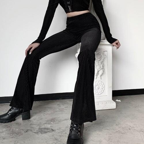 Women Sexy Black Velvet Flare Pants High Waist Solid Slim Fit Fashion Casual Ribbed Knitted Wide Leg Trousers Sport Leggings