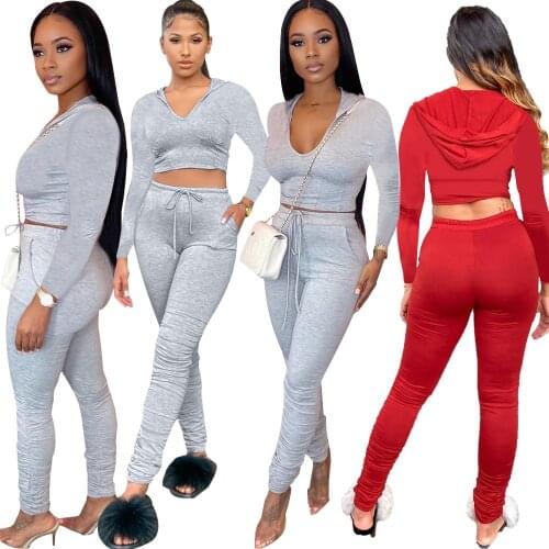 15HY5172 Autumn Winter Women Casual Sports Solid Print with Hood Two Piece Set Top and Pleated Pants Tracksuit Sweatsuit Outfits