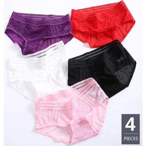 ZJX 4Pcs/lot Sexy Lace Panties Women Low Waist Female Underwear Seamless Nylon Bikini Ladies Cotton Transparent Lingerie