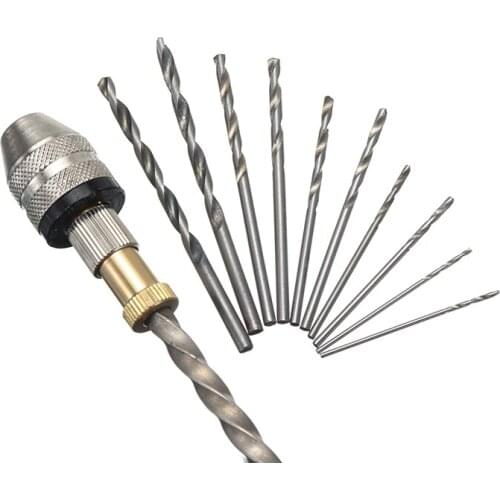 11pcs Hand Drilling Hand Manual Spiral Keyless Drill Chuck +10PCS Twist Hole Drill Bits Woodworking Drilling Rotary Tools