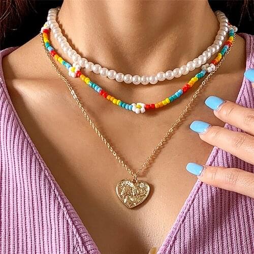 3Pcs/Set Boho Colorful Flower Beaded Necklace for Female Charm Heart Pendant Pearl Choker Necklace 2021 Handmade Jewelry Gift
