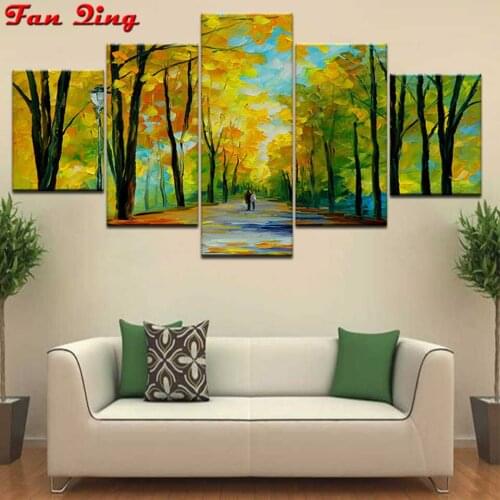 Diy Diamond Painting City Road Tree Landscape 5D Embroidery 5Pcs Home Decor Full Square Round Rhinestone Mosaic Cross Stitch