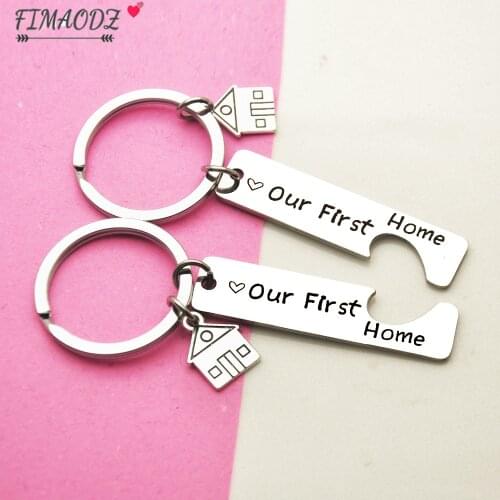 FIMAODZ New Home Keychain Couple Our First Home Sweet Letter Print Stainless Steel Pendant Key Chain Ring for Friend Family Gift