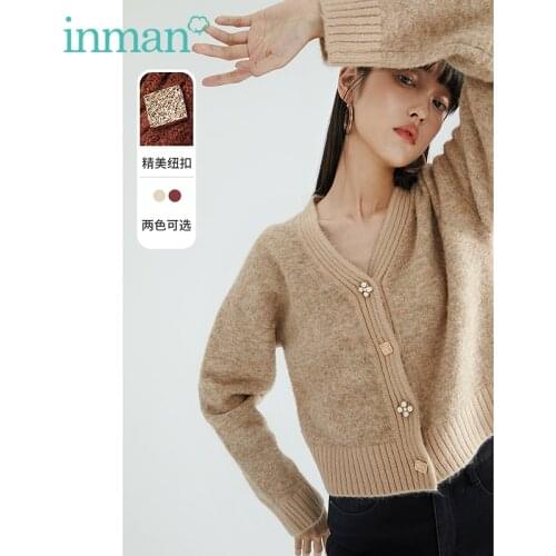 INMAN Womens Sweater Autumn Winter Elegant V-Neck Design Chic Buttons Minimalist Loose Dropped Shoulder Knitted Cardigan