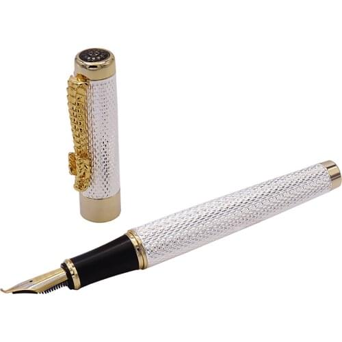 Jinhao 1200 Vintage Luxurious Calligraphy Fountain Pen Bent Nib Beautiful Ripple with Dragon Clip, Silver Metal Carving Ink Pen