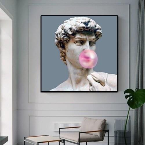 Modern David Blowing Pink Bubble Canvas Painting for Living Room Wall Art Prints Posters David Sculpture Picture Cuadros Decor