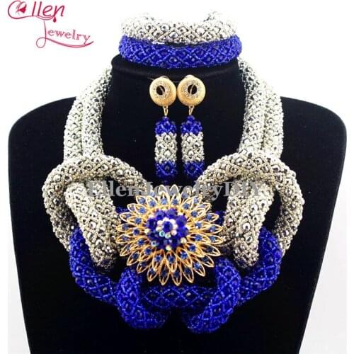 2017 New Royal Blue African beads Jewelry Sets Costume Nigerian Wedding Bridal beads Necklaces Jewelry Set Full Beads Set E1062