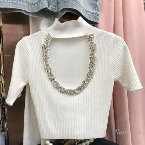 Slim Fit Crop Top for Women Temperament Rhinestone Edging Skinny Short Knitted T-shirt Sexy Backless White Black
