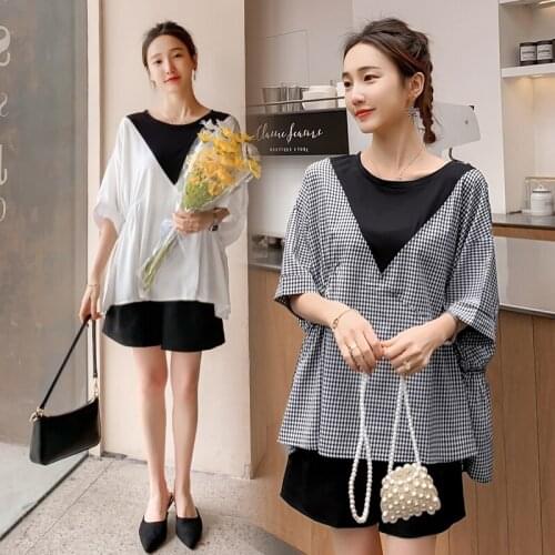 Summer Korean Fashion Patchwork Maternity Shirt + Loose Belly Shorts Sets Large Size Tops Suits Clothes for Pregnant Women