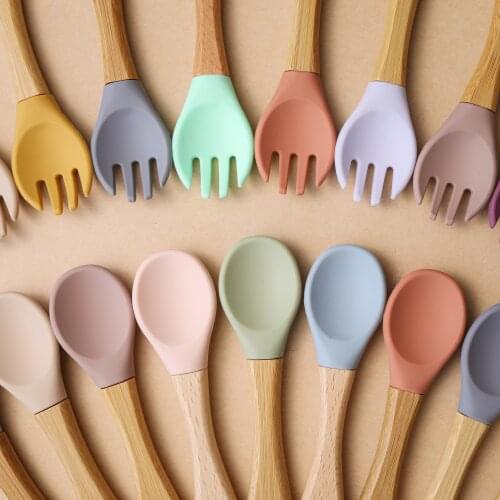 2 pcs/set Baby Wooden Spoon Fork Set BPA Free Food Grade Silicone Baby Feeding Spoon Organic Soft Tip Spoon Infant Eating Tool