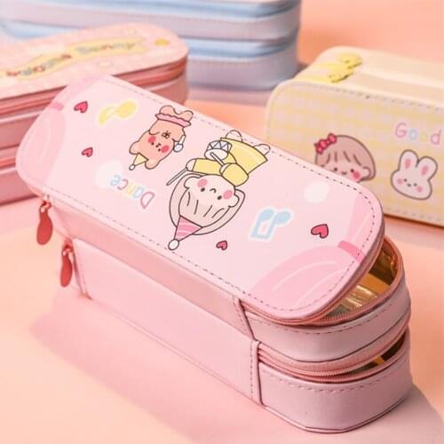 Cartoon Pattern Kawaii PU Leather Pencil Case Cute Pen Bag Zipper Double Layer High Capacity Pencil Box Korean Stationery D50