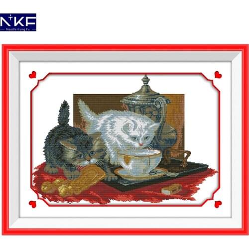 NKF The Two Tea Drinking Cats Cross Stitch Set Handmade Craft Needlework Cross-Stitch Embroidery Kit Cross Stitch for Home Decor