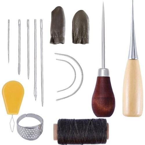 14PCS Hand Leathercraft Tool Set with Needle Leather Waxed Thread Cord Drilling Awl and Thimble for Leather Repair