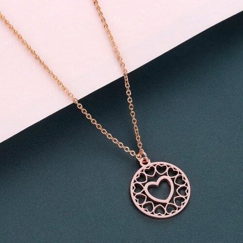 QIMING Hollow Love Heart Necklace For Women Girls Wedding Stainless Steel Jewelry Rose Gold Korean Necklace Collier