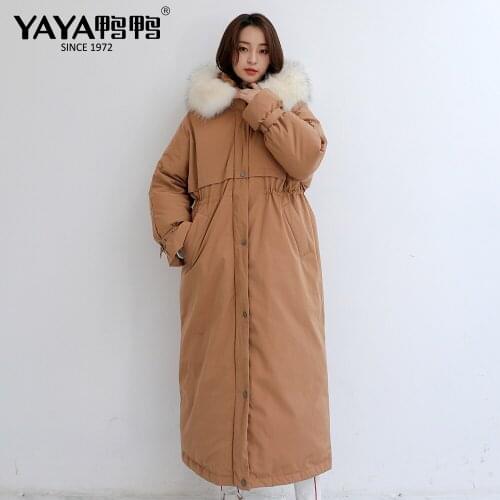 YAYA Winter Womens New Extended Over Knee Loose Casual Wide Waist Down Jacket Real Fur Collar Hooded Warm Windproof Coat