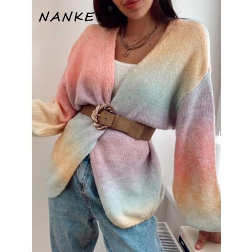 NANKEY Rainbow Gradient Single-breasted Cardigan Sweater Loose Knitted Jacket Oversized Cardigan For Woman Winter Knit Clothing