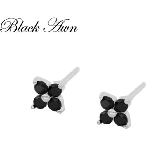 BLACK AWN Cute 100% Pure 925 Sterling Silver Stars Jewelry Black Stone Engagement Stud Earrings for Women I167