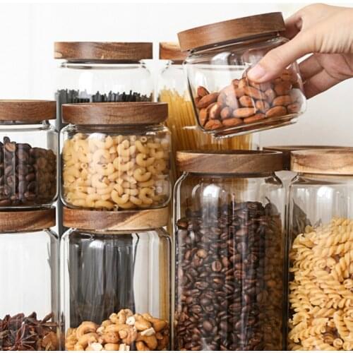 Glass Bottle Bamboo Lid Sealed Glass Container Food Storage Tank Mason Jars Dustproof Moisture-proof Nut Bottle Seasoning Jar
