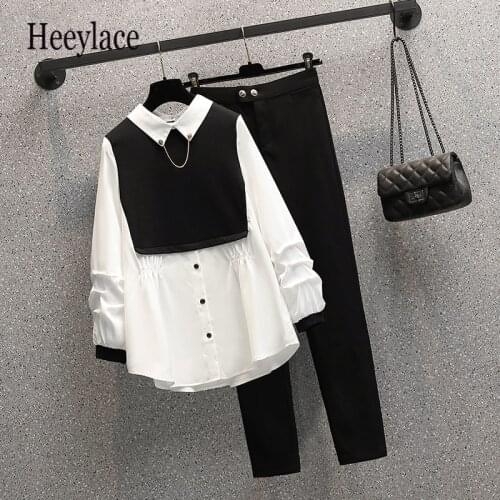 Plus Size 4XL Women Office Ladies Suit Black White Shirt Top And Pant Two Piece Set 2021 Autumn Elegant Work Clothing Outfits