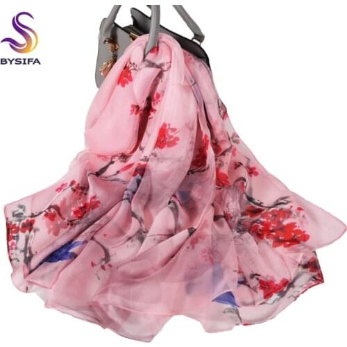 BYSIFA| New Brand Pink 100% Silk Chiffon Scarf Hijab Fall Winter Elegant Plum blossom Beach Shawl Women Long Scarves Headscarves