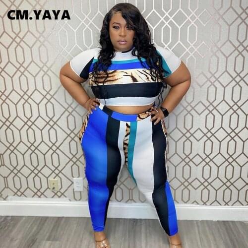 CM.YAYA Women Plus Size L-4XL Striped Print Top +jogger Sweatpant Suit Two Piece Set Sportswear Short Sleeve Matching Set Outfit
