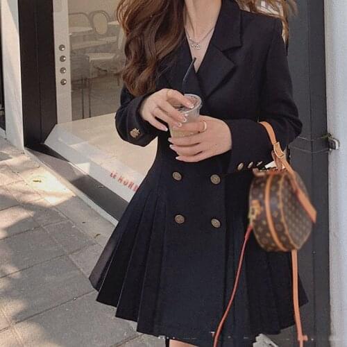 Oversize 2021 Spring Long Sleeve Office Lady Dress Korean Female Double Breasted Black Party Dress Elegant Casual Loose Clothes