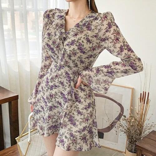 S-XL Plus Size Korean Fashion Autumn Chiffon Dress Ladies with Belt Elegant Sundress Woman Long Flare Sleeve Purple Floral Dress